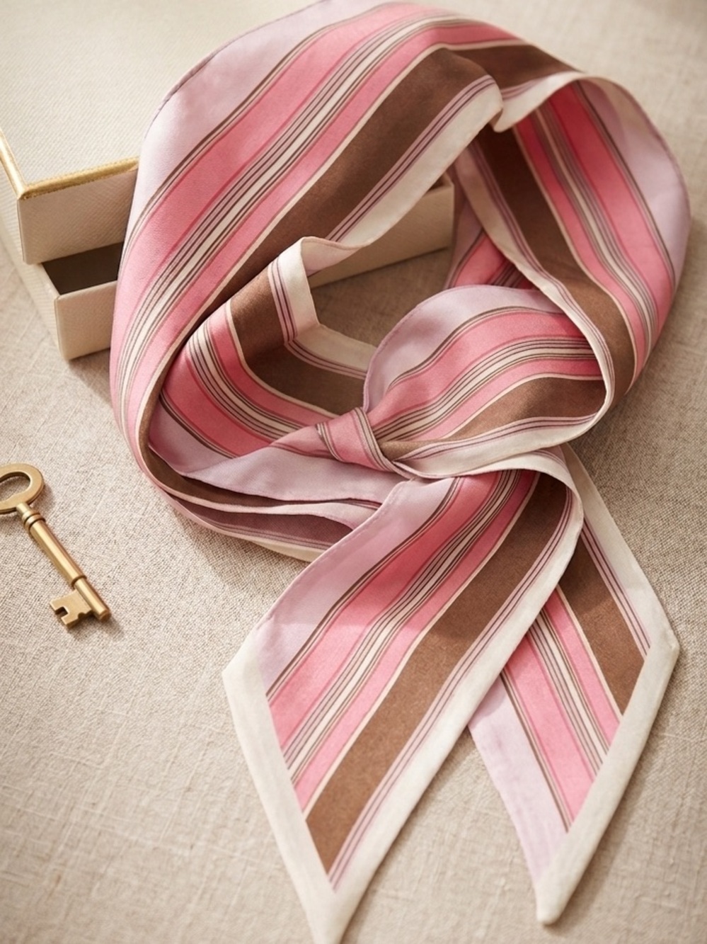 100% Silk Pink & Brown Striped Twilly Scarf